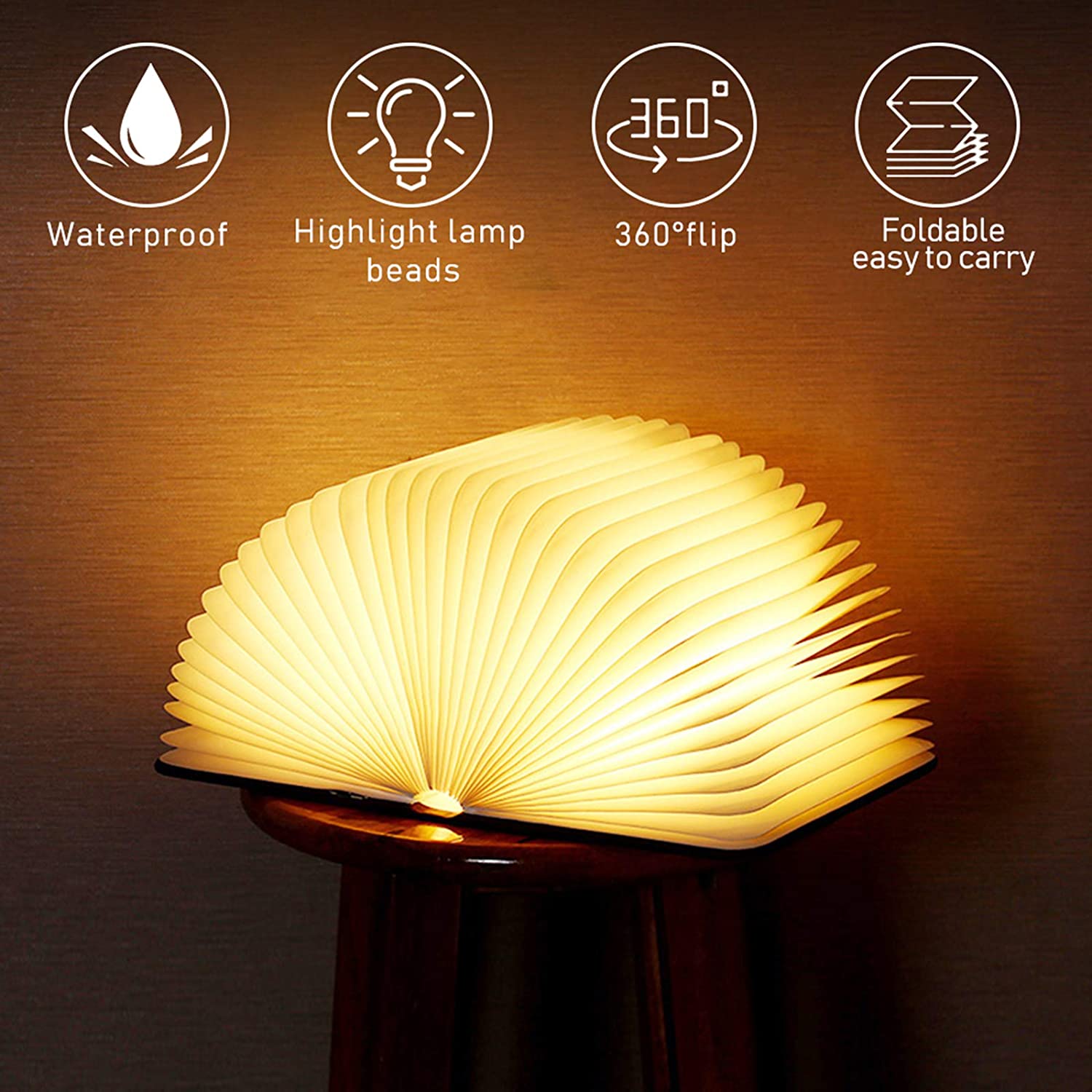 Livre lumineux LED pliable en bois 5 Modes d'éclairage rechargeable