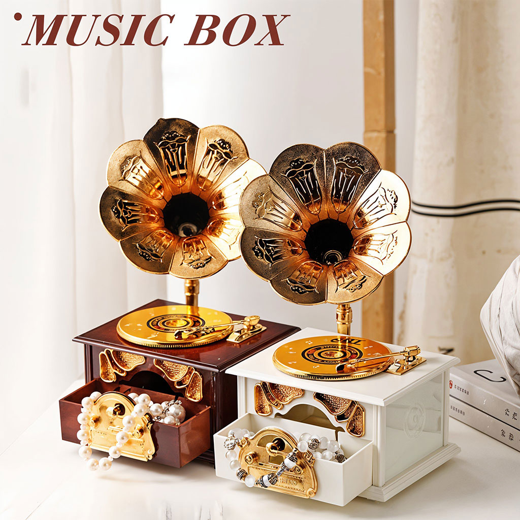 Phonographe trompette dorée et boîte à Bijoux Décorative – صندوق موسيقي