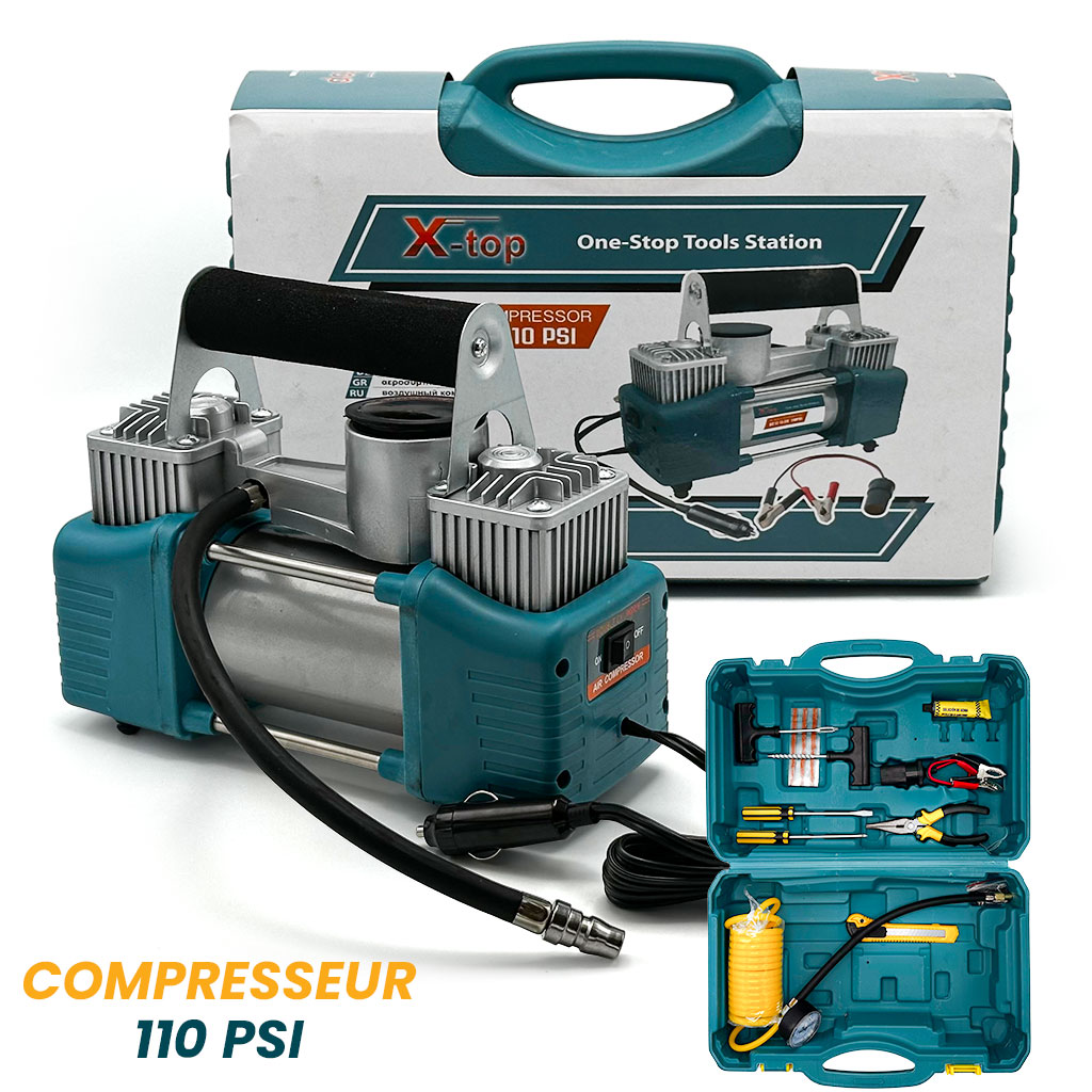XTop Compresseur d’Air Double Cylindre avec Kit de réparation 12V -110PSI – نافخ عجلات السيارة مع أدوات التصليح