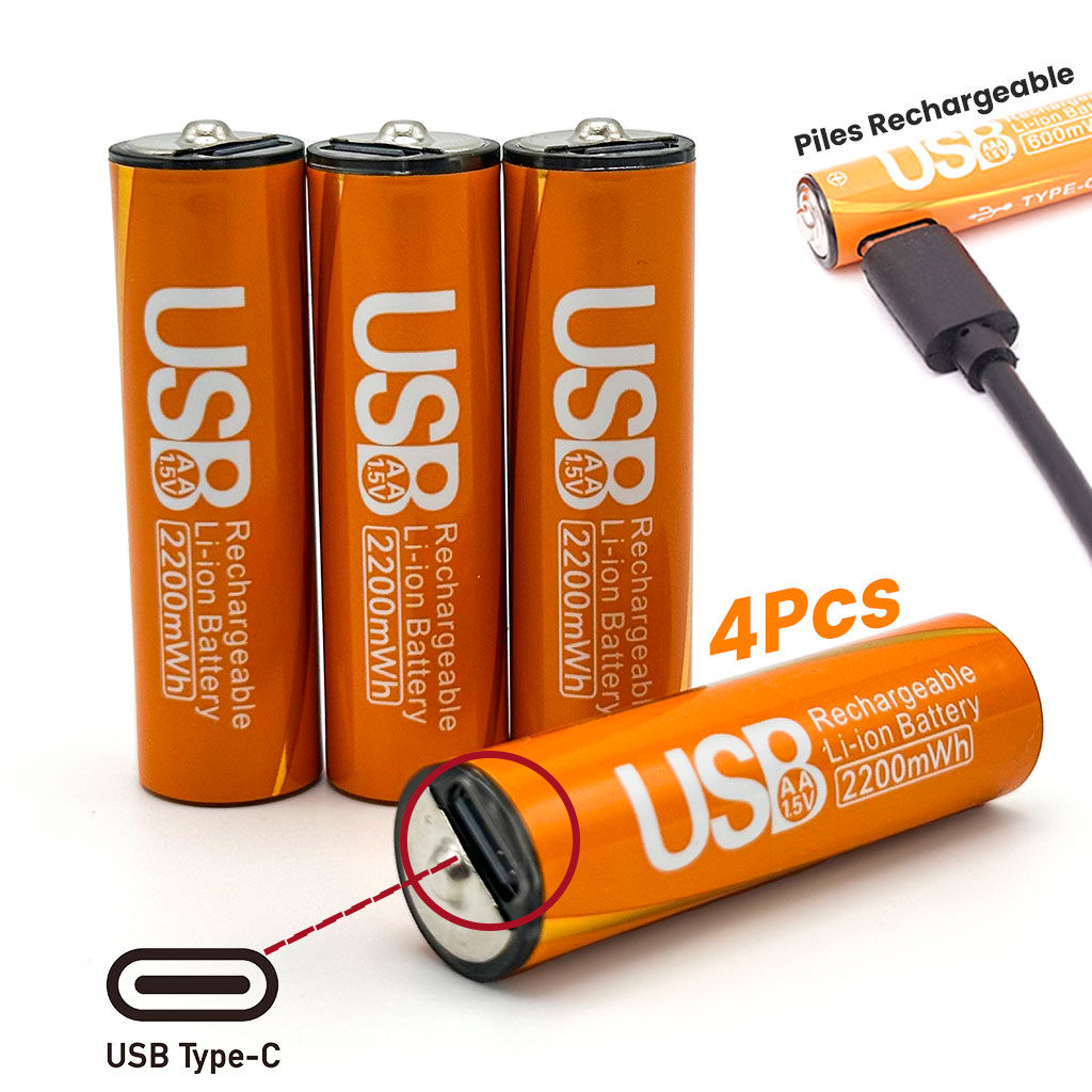 Pack de 4 Piles Rechargeables USB Type-C – AA 1.5V 2200 mAh – علبة من 4 بطاريات قابلة للشحن