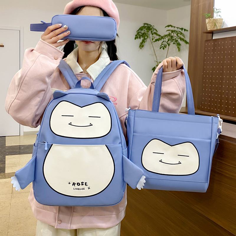 Ensemble de Sacs Snorlax 3Pcs Design Kawaii Bleu – حقيبة مدرسية 3 قطع لون أزرق