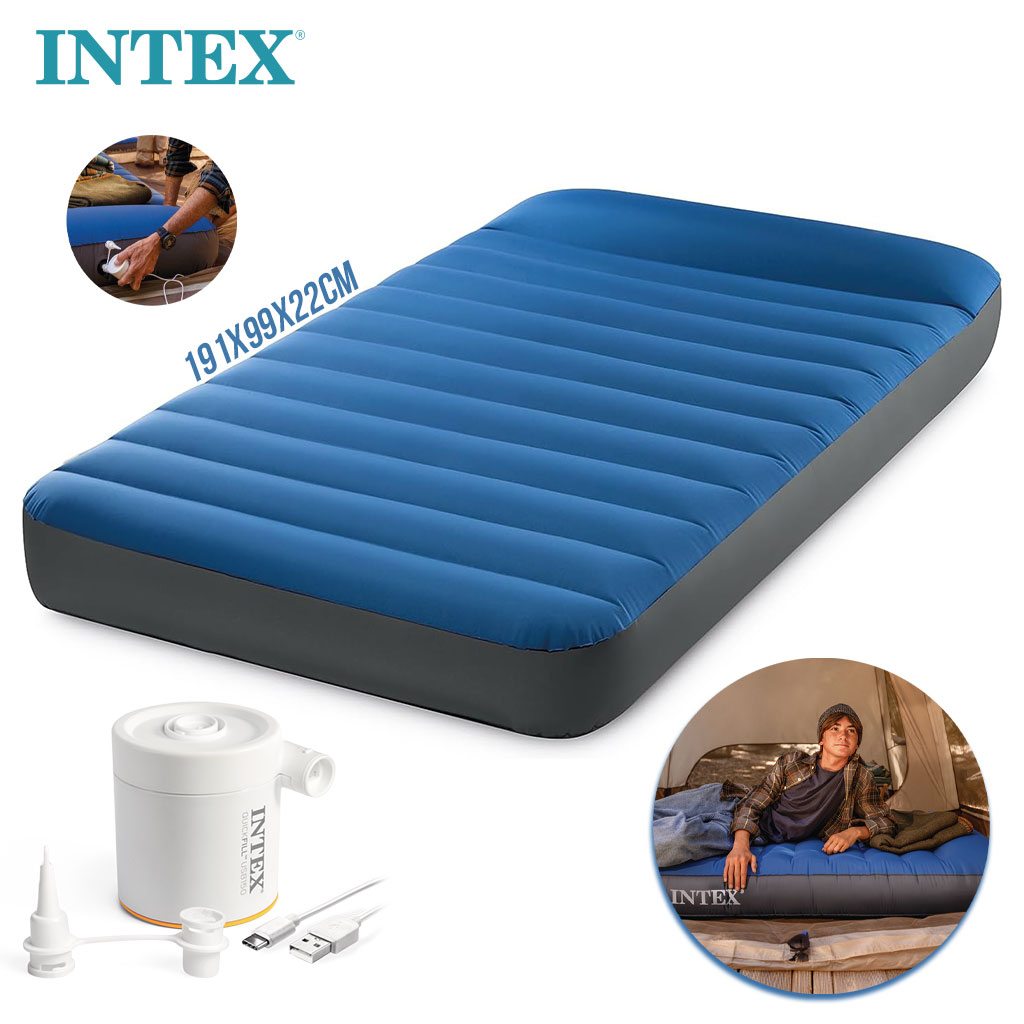 Matelas de Camping Intex TruAire Twin Technologie Fiber-Tech avec Pompe USB150 - فرشة التخييم الهوائية الفاخرة مع مضخة ومسند رأس