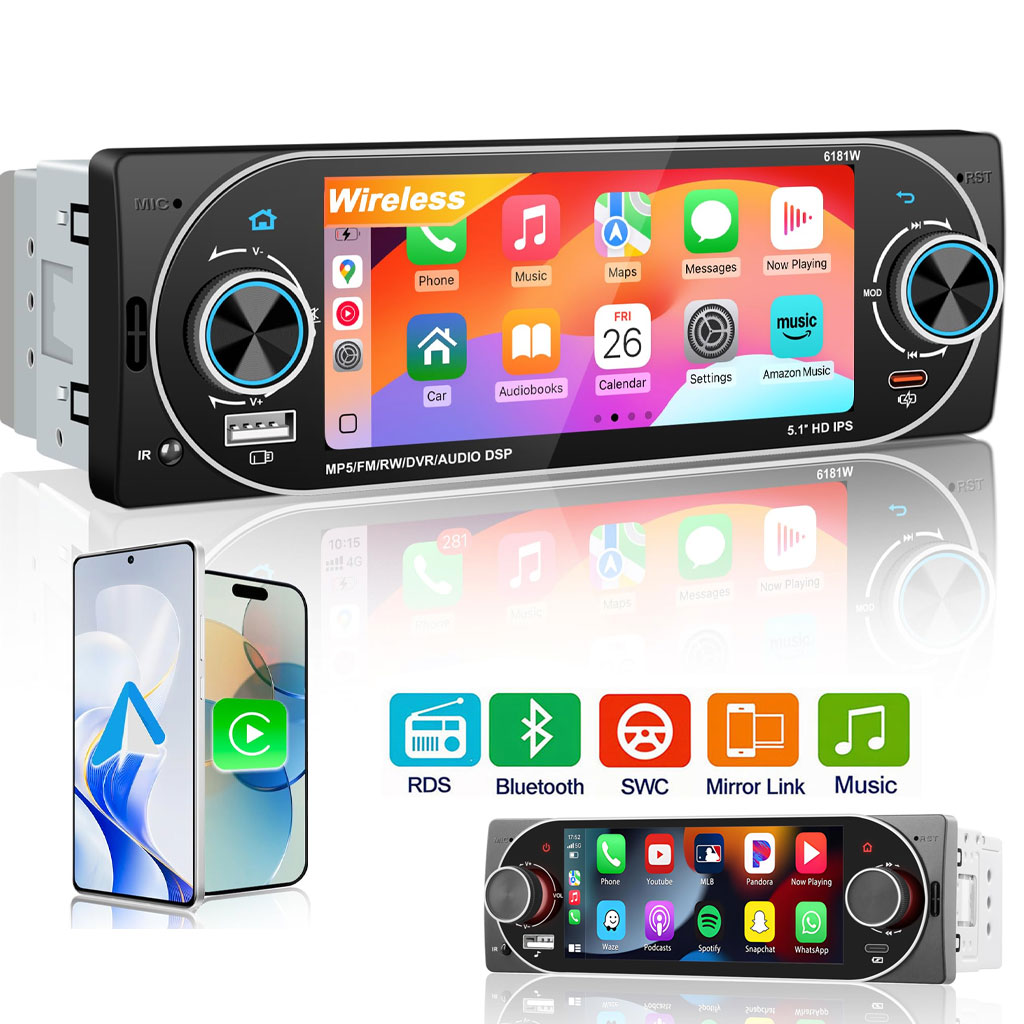 Autoradio 1Din Écran Tactile 5" IPS - Apple CarPlay et Android Auto Sans Fil Charge Rapide Type-C - راديو سيارة ذكي بشاشة لمس 5 بوصة تدعم و لاسلكيًا