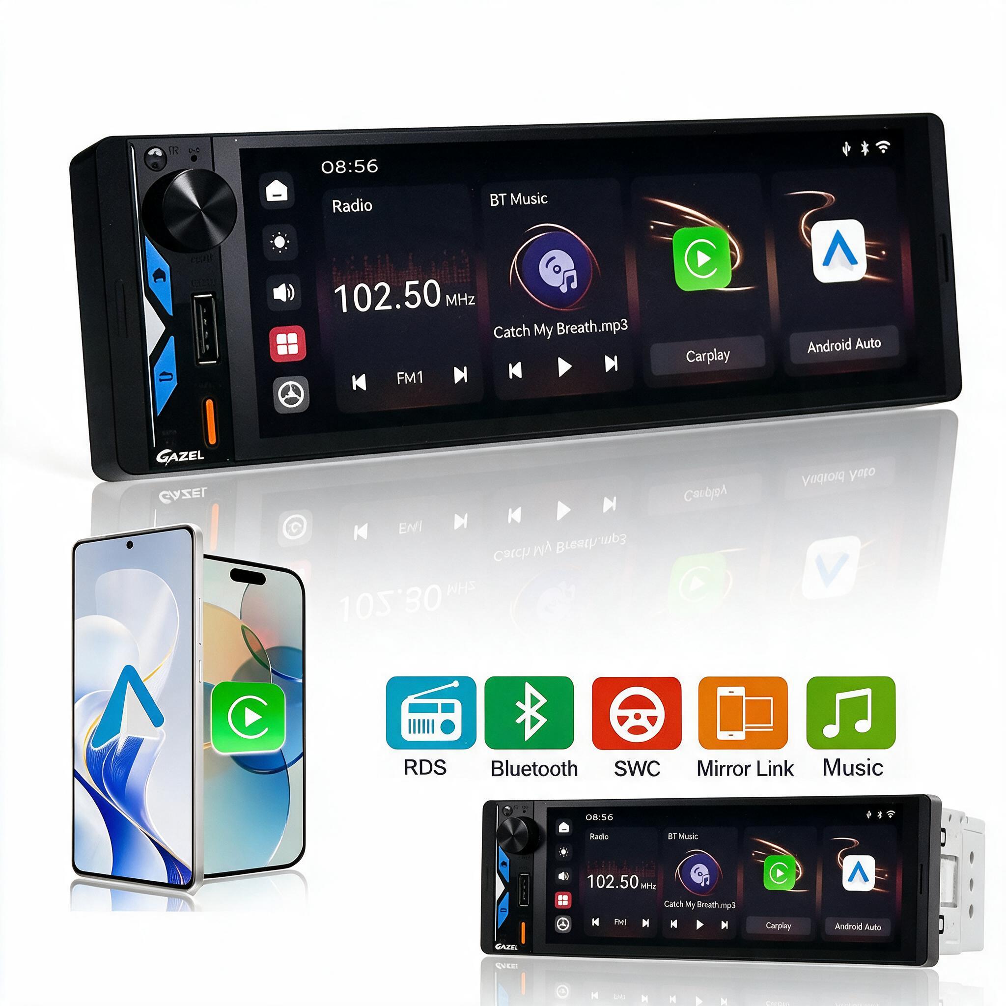 Gazel Autoradio 1Din Écran Tactile 5" IPS - Apple CarPlay et Android Auto Sans Fil Charge Rapide Type-C - راديو سيارة ذكي بشاشة لمس 5 بوصة تدعم و لاسلكيًا